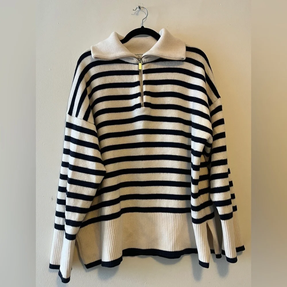Aritzia Babaton Overseas Sweater Striped Navy and White Size XL 100% Merino Wool - Picture 2 of 14